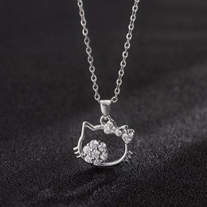 SANRIO HELLO KITTY NECKLACE  Kitty Pendant Silver Chain CZ Accents Bow